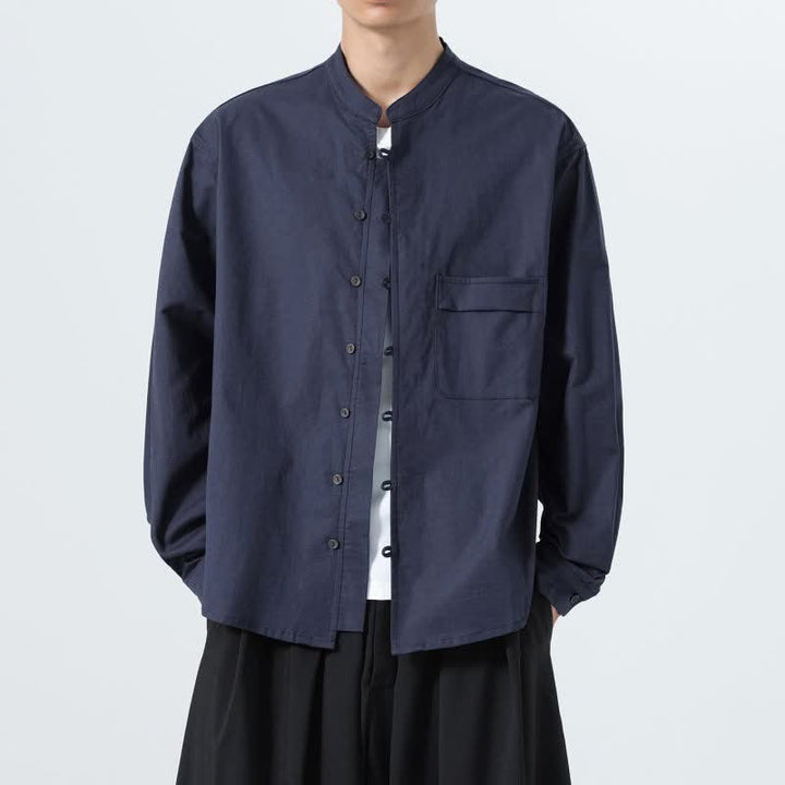 Buddha Stones Camisas de manga larga para hombre de algodón liso con cuello mandarín, estilo casual de otoño. - image 6