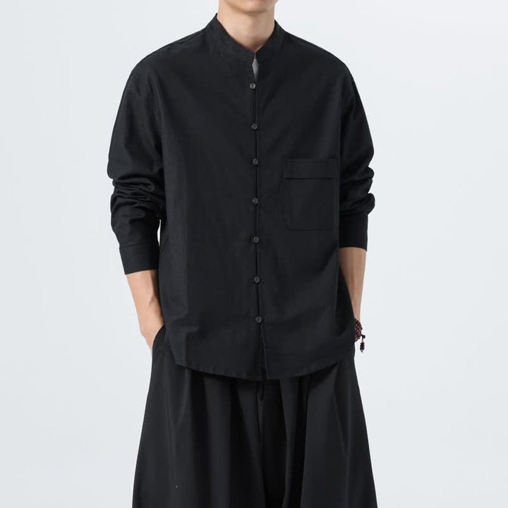 Buddha Stones Camisas de manga larga para hombre de algodón liso con cuello mandarín, estilo casual de otoño. - image 17