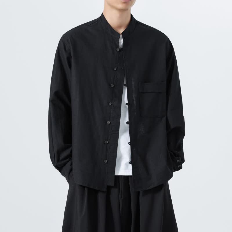 Buddha Stones Camisas de manga larga para hombre de algodón liso con cuello mandarín, estilo casual de otoño. - image 10