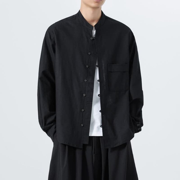 Buddha Stones Camisas de manga larga para hombre de algodón liso con cuello mandarín, estilo casual de otoño. - image 10