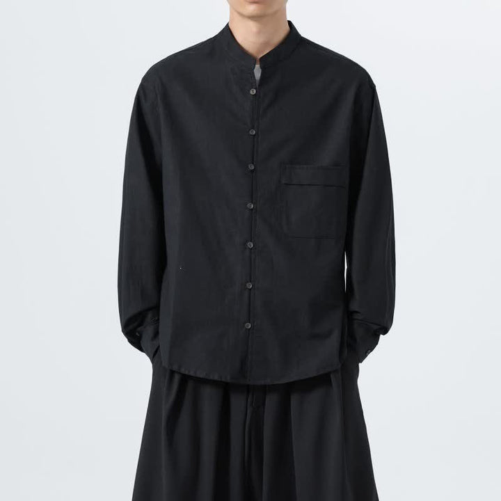 Buddha Stones Camisas de manga larga para hombre de algodón liso con cuello mandarín, estilo casual de otoño. - image 12
