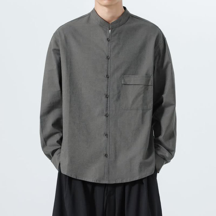 Buddha Stones Camisas de manga larga para hombre de algodón liso con cuello mandarín, estilo casual de otoño. - image 26