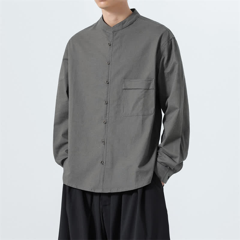 Buddha Stones Camisas de manga larga para hombre de algodón liso con cuello mandarín, estilo casual de otoño. - image 28