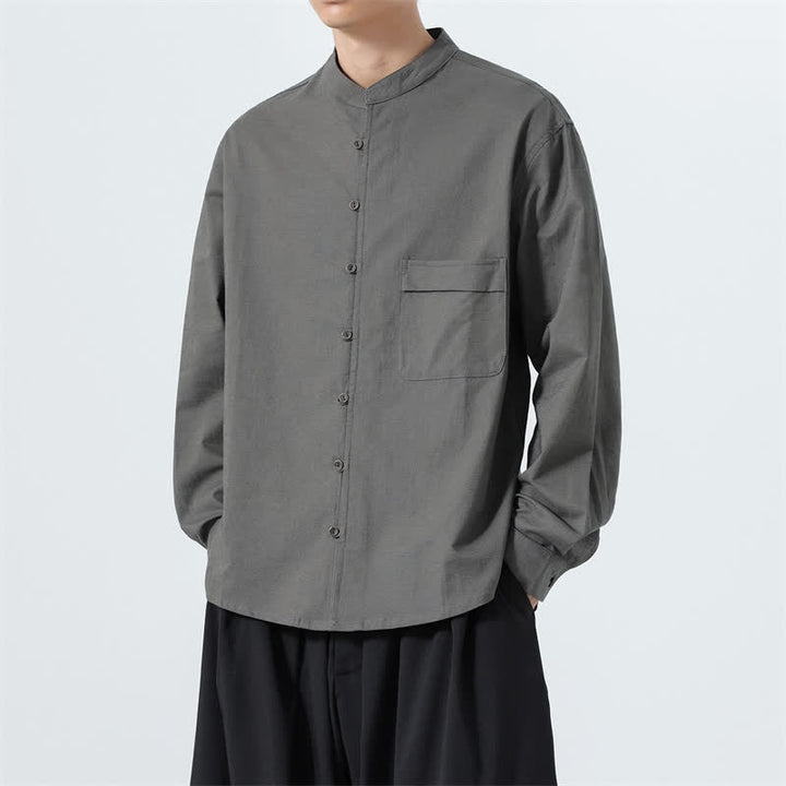 Buddha Stones Camisas de manga larga para hombre de algodón liso con cuello mandarín, estilo casual de otoño. - image 28