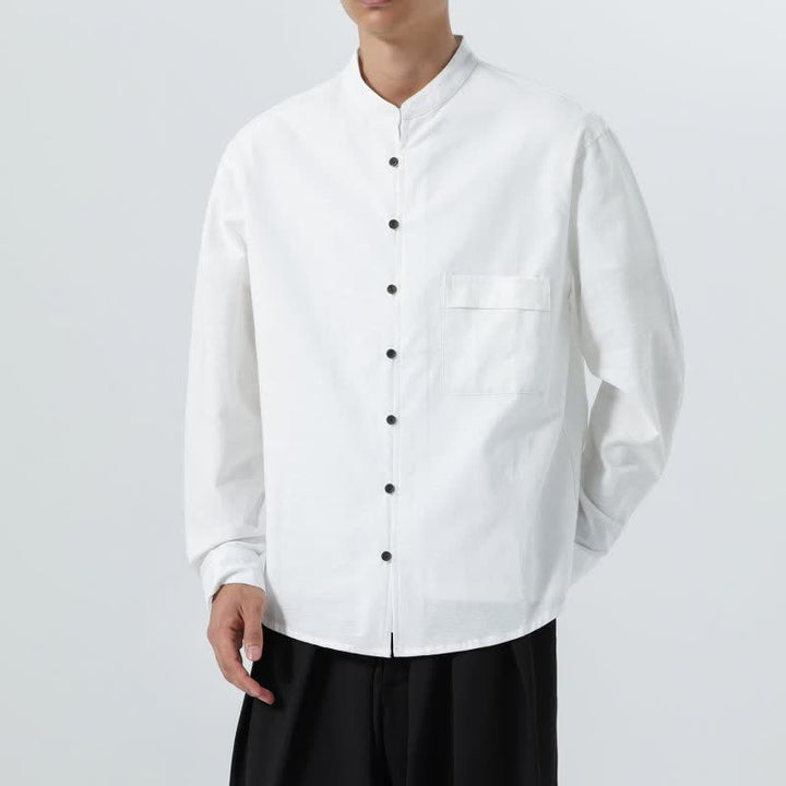 Buddha Stones Camisas de manga larga para hombre de algodón liso con cuello mandarín, estilo casual de otoño. - image 39