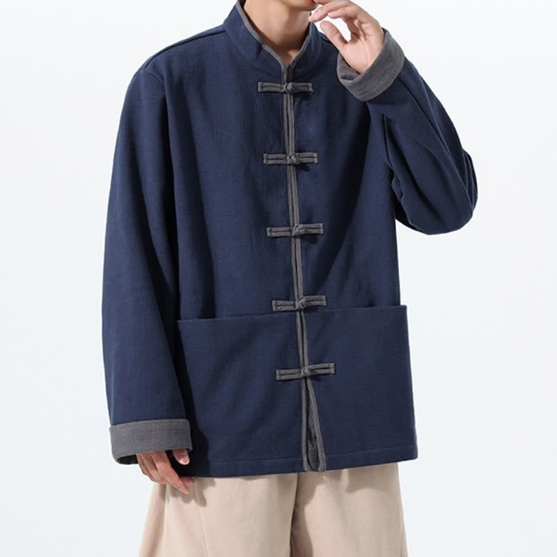 Buddha Stones Chaqueta de hombre de algodón liso con botones de rana, estilo vintage, para otoño/invierno. - image 1