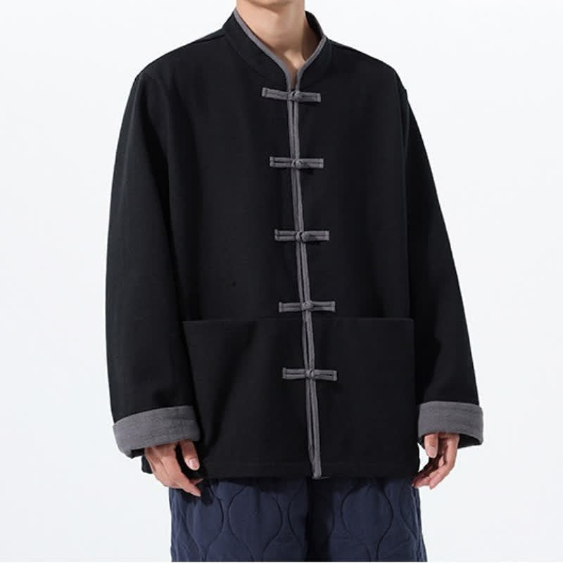 Buddha Stones Chaqueta de hombre de algodón liso con botones de rana, estilo vintage, para otoño/invierno. - image 6