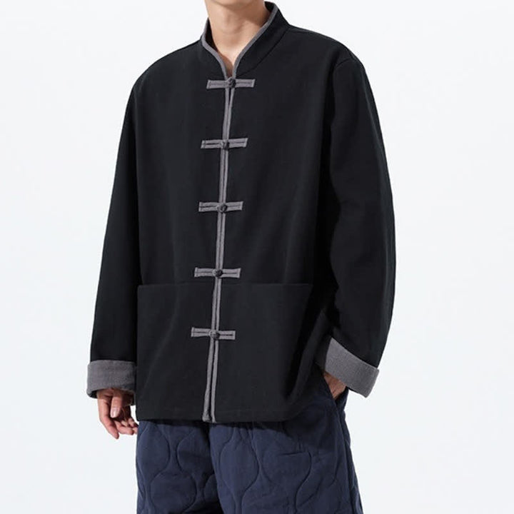 Buddha Stones Chaqueta de hombre de algodón liso con botones de rana, estilo vintage, para otoño/invierno. - image 7