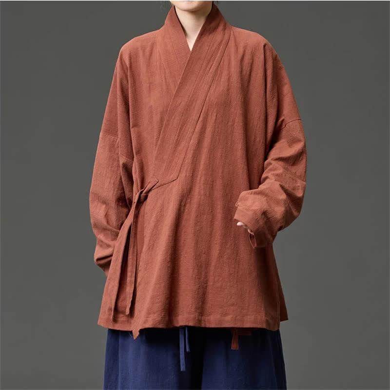 Buddha Stones Kimono minimalista de algodón liso con cordón ajustable para hombre, estilo Tang, ideal para otoño/invierno, con bolsillos. - image 1