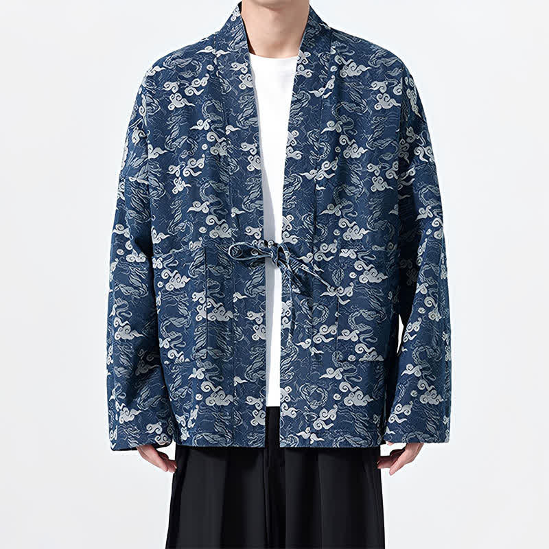 Buddha Stones Kimono de algodón para hombre, estilo casual, con cordón ajustable y estampado abstracto de nubes, ideal para primavera y otoño. - image 3