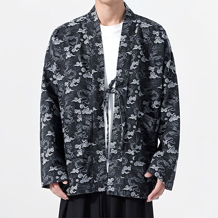 Buddha Stones Kimono de algodón para hombre, estilo casual, con cordón ajustable y estampado abstracto de nubes, ideal para primavera y otoño. - image 15