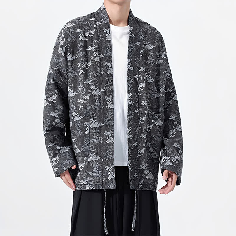 Buddha Stones Kimono de algodón para hombre, estilo casual, con cordón ajustable y estampado abstracto de nubes, ideal para primavera y otoño. - image 22