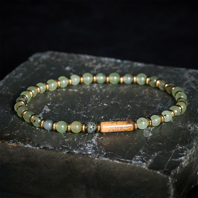Buddha Stones Pulsera redonda de cuentas de ágata verde y jaspe con diseño de uva. - image 2
