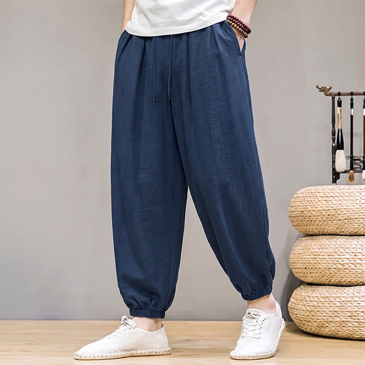 Buddha Stones Pantalones largos básicos retro de primavera con cordón ajustable, color liso, estilo harem para hombre, con bolsillos. - image 1