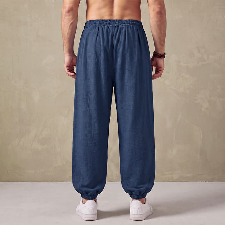Buddha Stones Pantalones largos básicos retro de primavera con cordón ajustable, color liso, estilo harem para hombre, con bolsillos. - image 2