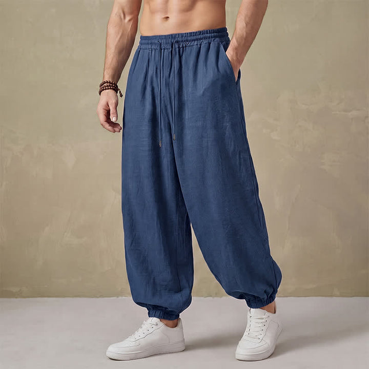 Buddha Stones Pantalones largos básicos retro de primavera con cordón ajustable, color liso, estilo harem para hombre, con bolsillos. - Azul acero - US/UK/AU42, EU52 (3XL) - image 0
