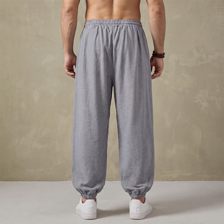 Buddha Stones Pantalones largos básicos retro de primavera con cordón ajustable, color liso, estilo harem para hombre, con bolsillos. - image 12