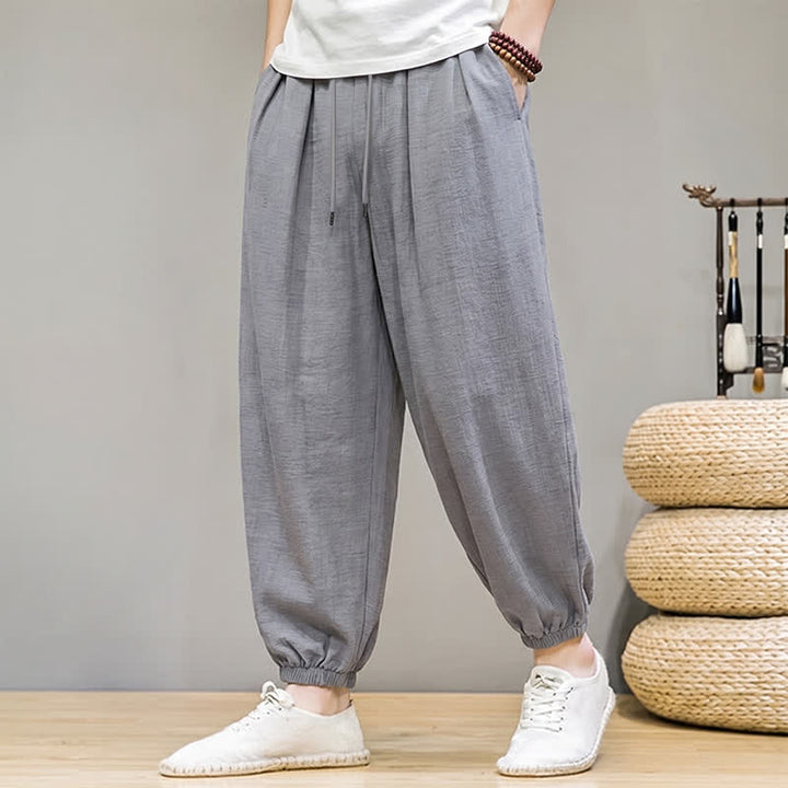 Buddha Stones Pantalones largos básicos retro de primavera con cordón ajustable, color liso, estilo harem para hombre, con bolsillos. - image 11