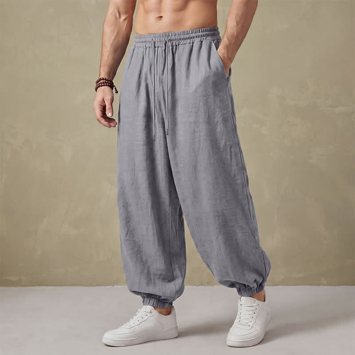 Buddha Stones Pantalones largos básicos retro de primavera con cordón ajustable, color liso, estilo harem para hombre, con bolsillos. - Gris claro - US/UK/AU42, EU52 (3XL) - image 10