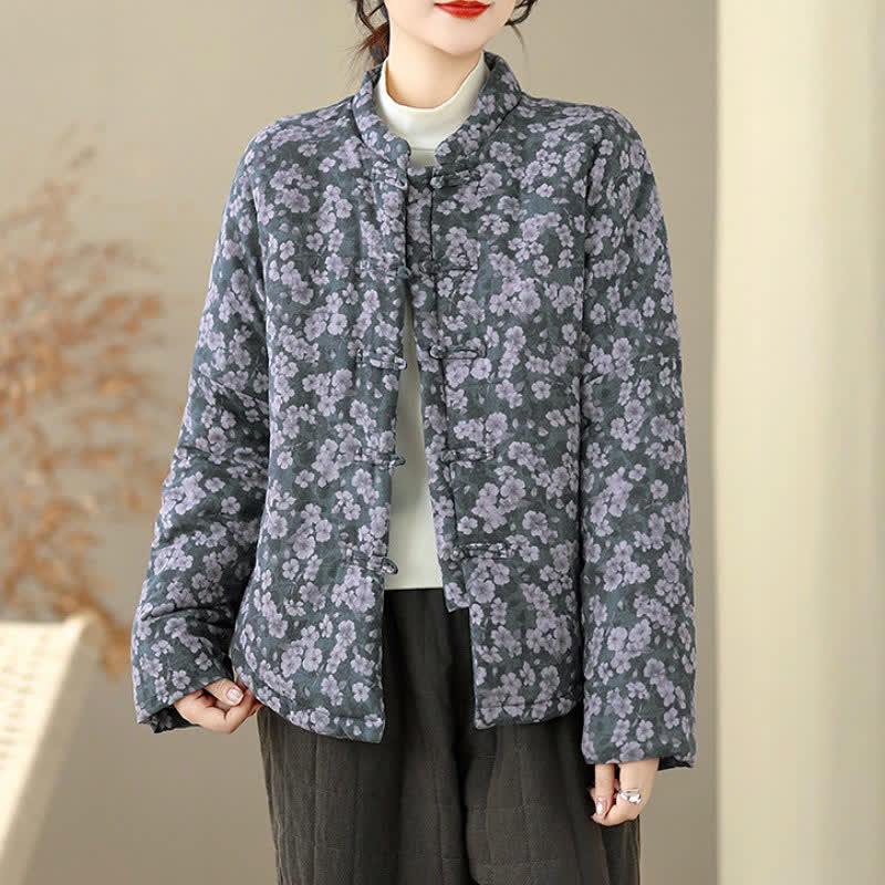 Buddha Stones Chaqueta de mujer de estilo vintage de invierno con botones de rana y estampado floral. - Gris oscuro - US8-10，UK/AU12-14，EU40-42 (2XL) - image 0