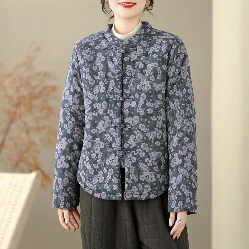Buddha Stones Chaqueta de mujer de estilo vintage de invierno con botones de rana y estampado floral. - image 6