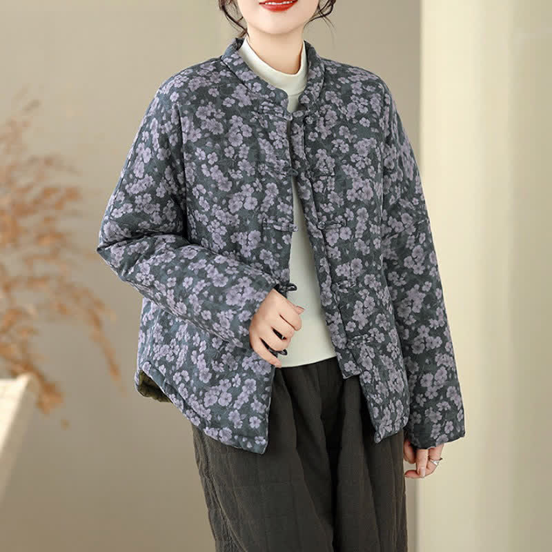 Buddha Stones Chaqueta de mujer de estilo vintage de invierno con botones de rana y estampado floral. - image 1