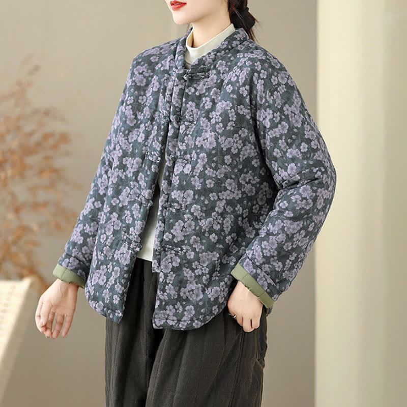 Buddha Stones Chaqueta de mujer de estilo vintage de invierno con botones de rana y estampado floral. - image 3