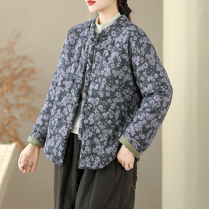 Buddha Stones Chaqueta de mujer de estilo vintage de invierno con botones de rana y estampado floral. - image 3