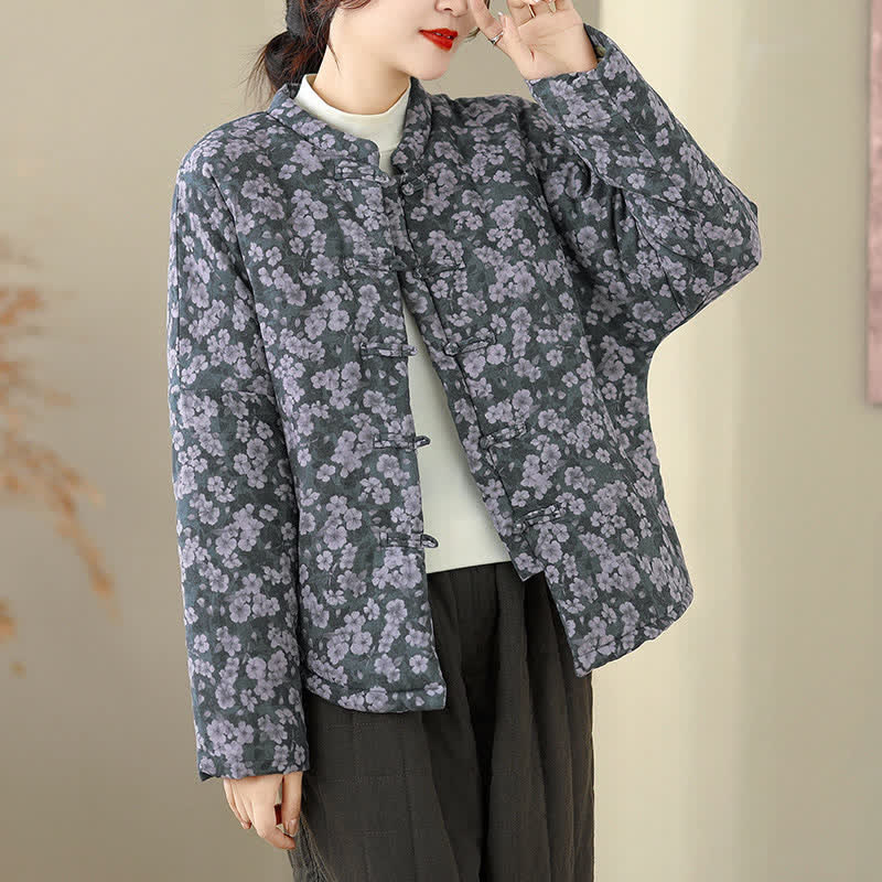 Buddha Stones Chaqueta de mujer de estilo vintage de invierno con botones de rana y estampado floral. - image 2