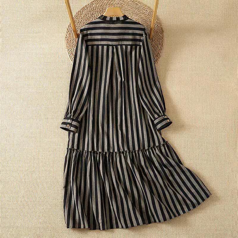 Buddha Stones Vestido de manga larga a rayas para mujer, estilo vintage, con cuello mandarín, cordón ajustable y bolsillos, ideal para otoño. - image 1