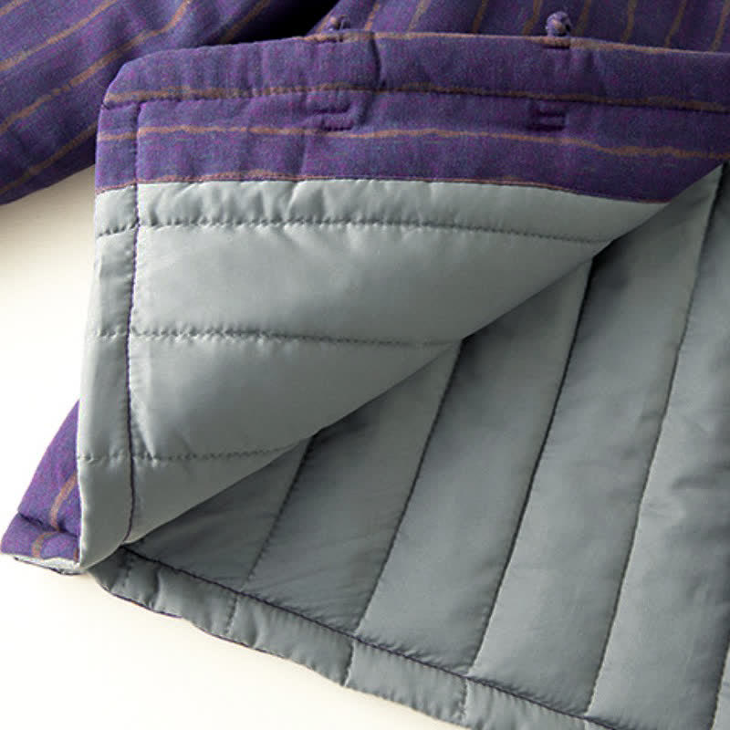 Buddha Stones Chaqueta de mujer de estilo casual de invierno con botones de rana, rayas moradas y bolsillos. - image 12
