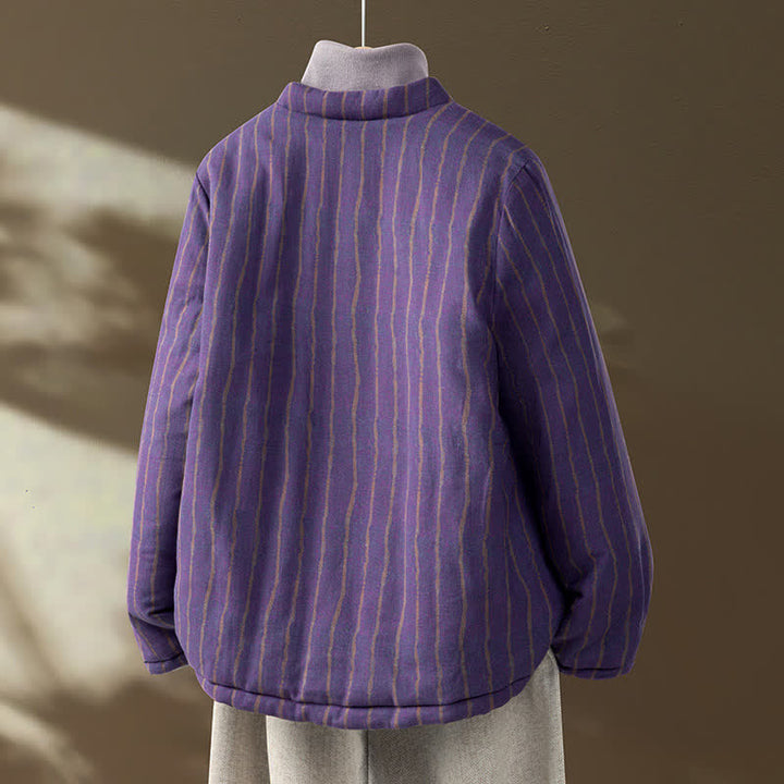 Buddha Stones Chaqueta de mujer de estilo casual de invierno con botones de rana, rayas moradas y bolsillos. - image 1