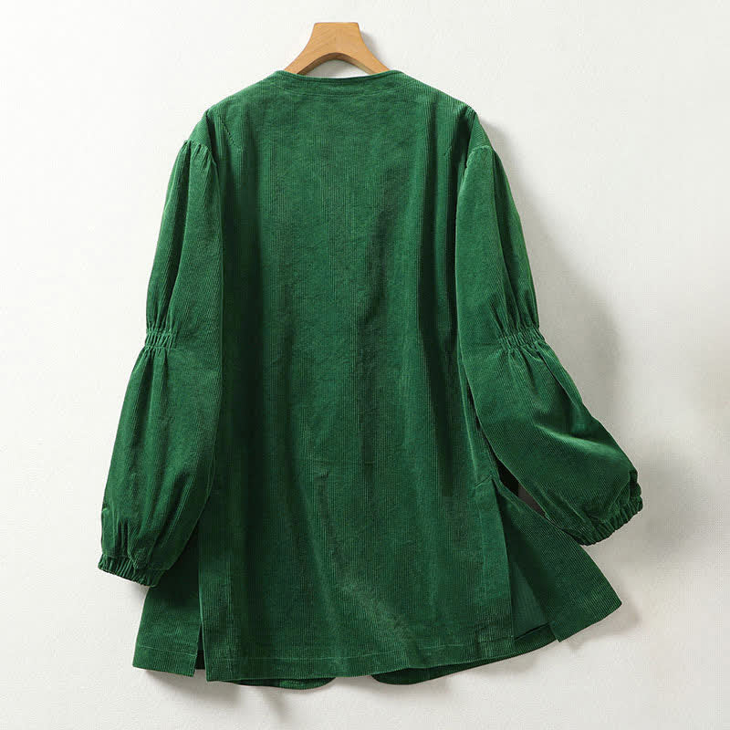 Buddha Stones Chaqueta de mujer informal de otoño/invierno, estilo vintage, con cordón ajustable, cuello en V, de pana verde liso y bolsillos. - image 1