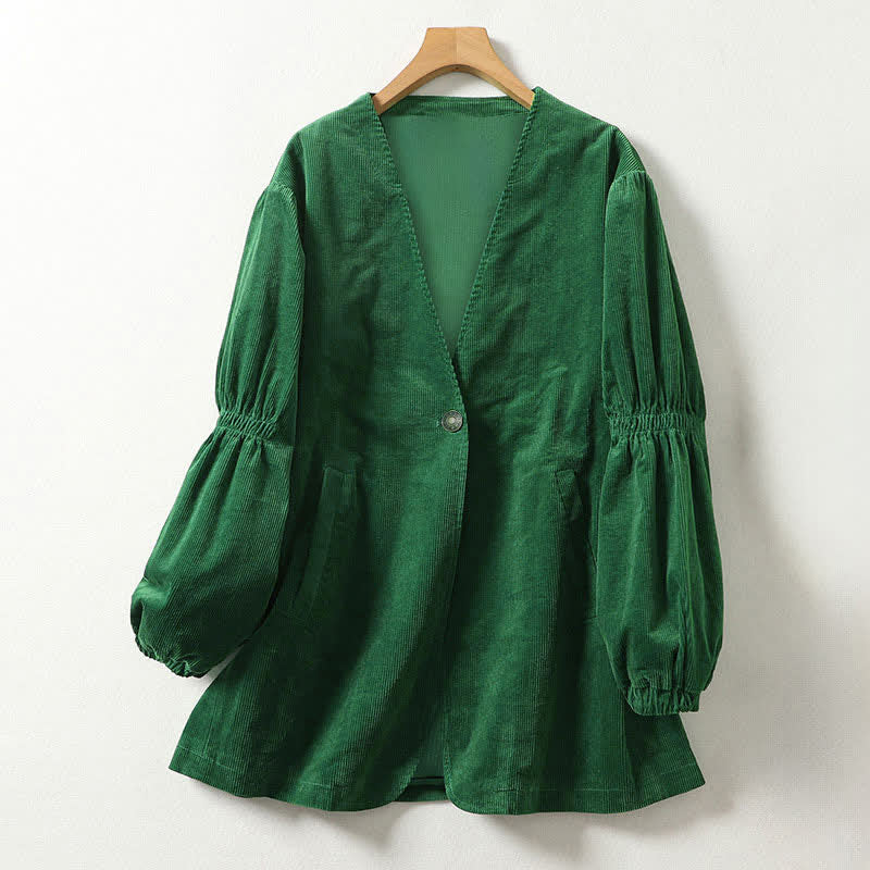 Buddha Stones Chaqueta de mujer informal de otoño/invierno, estilo vintage, con cordón ajustable, cuello en V, de pana verde liso y bolsillos. - Verde bosque - US8-10, UK/AU12-14, EU40-42 (2XL) - image 0