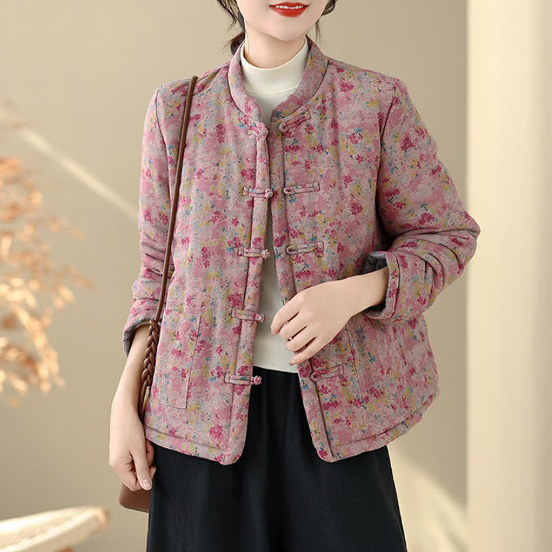 Buddha Stones Chaqueta de mujer rosa con estampado floral estilo Tang vintage de invierno con botones de rana y bolsillos. - image 1