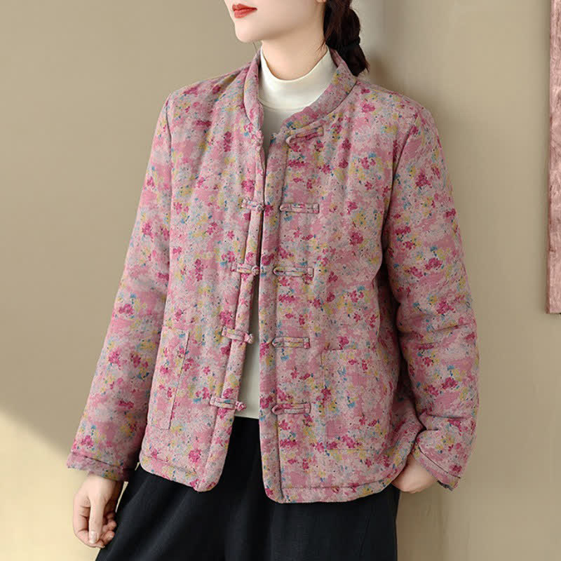 Buddha Stones Chaqueta de mujer rosa con estampado floral estilo Tang vintage de invierno con botones de rana y bolsillos. - Rojo violeta pálido - US8-10, UK/AU12-14, EU40-42 (2XL) - image 0