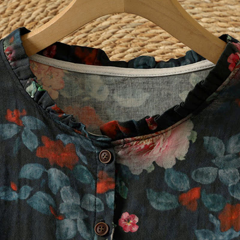 Buddha Stones Camisa de manga larga para mujer, elegante, vintage, estilo Tang, con botones, cuello mandarín y estampado floral. - image 1