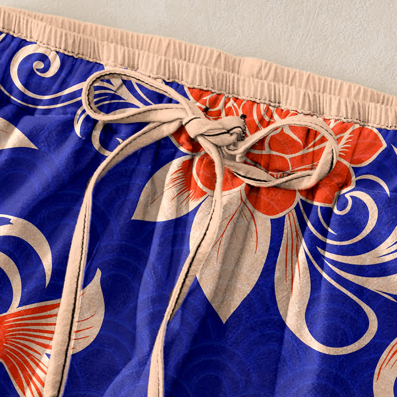 Buddha Stones Pantalones de mujer de algodón puro con estampado artístico de olas de carpas koi y cintura elástica con bolsillos. - image 1
