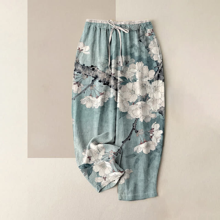 Buddha Stones Pantalones de mujer de algodón puro con elegante estampado floral de ramas, cintura elástica y bolsillos. - Azul claro - US16，UK/AU20，EU48 (3XL) - image 0