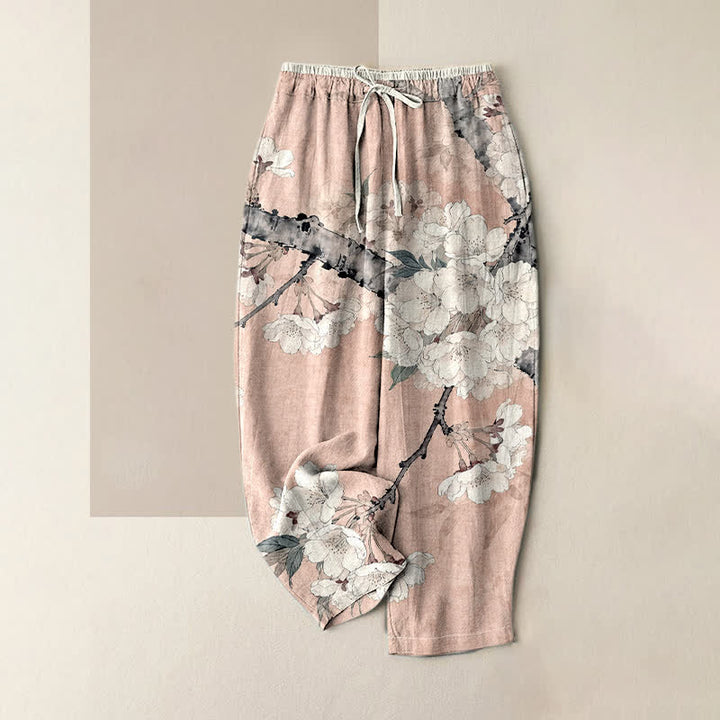 Buddha Stones Pantalones de mujer de algodón puro con elegante estampado floral de ramas, cintura elástica y bolsillos. - Rosa - US16，UK/AU20，EU48 (3XL) - image 3