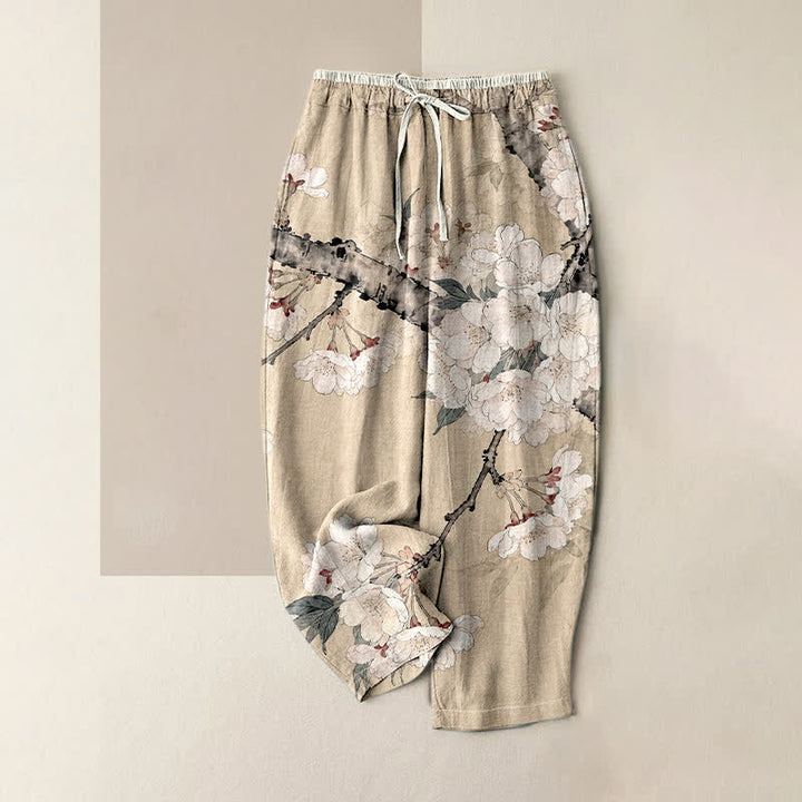 Buddha Stones Pantalones de mujer de algodón puro con elegante estampado floral de ramas, cintura elástica y bolsillos. - Beige - US16，UK/AU20，EU48 (3XL) - image 4