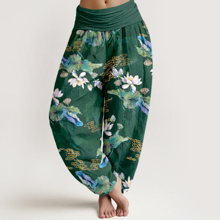 Buddha Stones Pantalones harem de mujer con cintura elástica y estampado de hojas de loto blancas de algodón. - Verde bosque - US16，UK/AU20，EU48 (3XL) - image 0