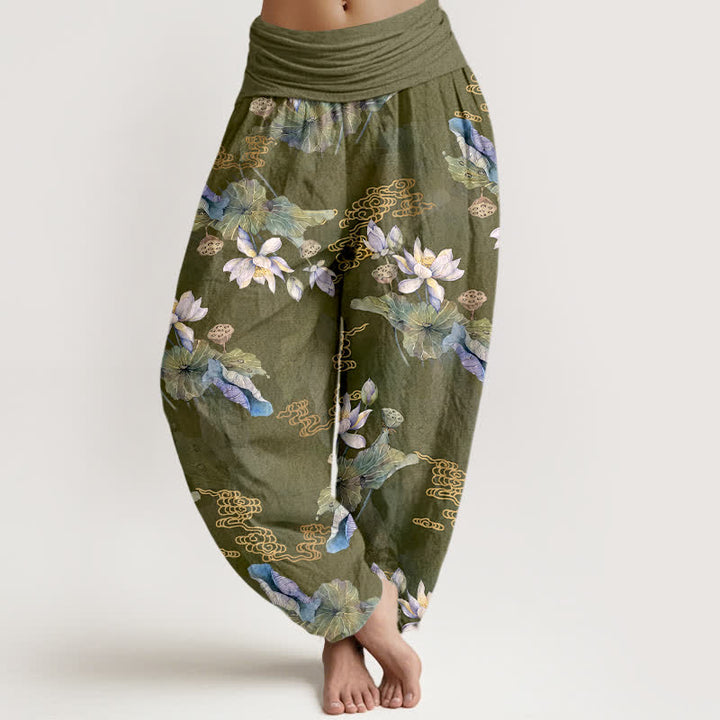 Buddha Stones Pantalones harem de mujer con cintura elástica y estampado de hojas de loto blancas de algodón. - Aceituna - US16，UK/AU20，EU48 (3XL) - image 5