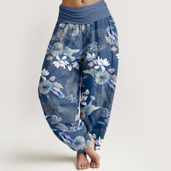 Buddha Stones Pantalones harem de mujer con cintura elástica y estampado de hojas de loto blancas de algodón. - Azul acero - US16，UK/AU20，EU48 (3XL) - image 8