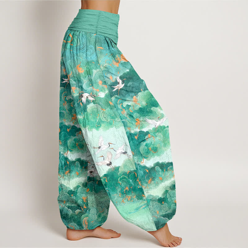 Buddha Stones Pantalones harem de mujer con cintura elástica y estampado de grullas y nubes de algodón. - image 6