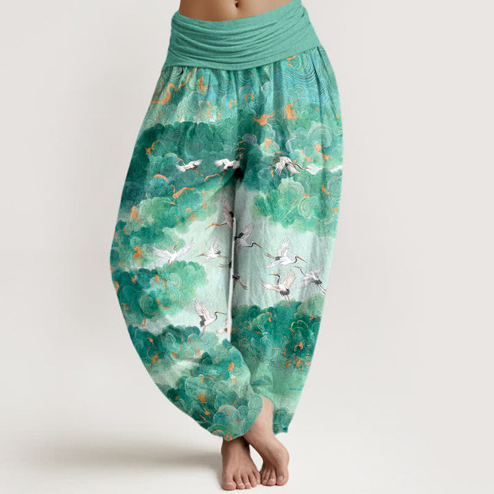 Buddha Stones Pantalones harem de mujer con cintura elástica y estampado de grullas y nubes de algodón. - Aguamarina - US16，UK/AU20，EU48 (3XL) - image 5