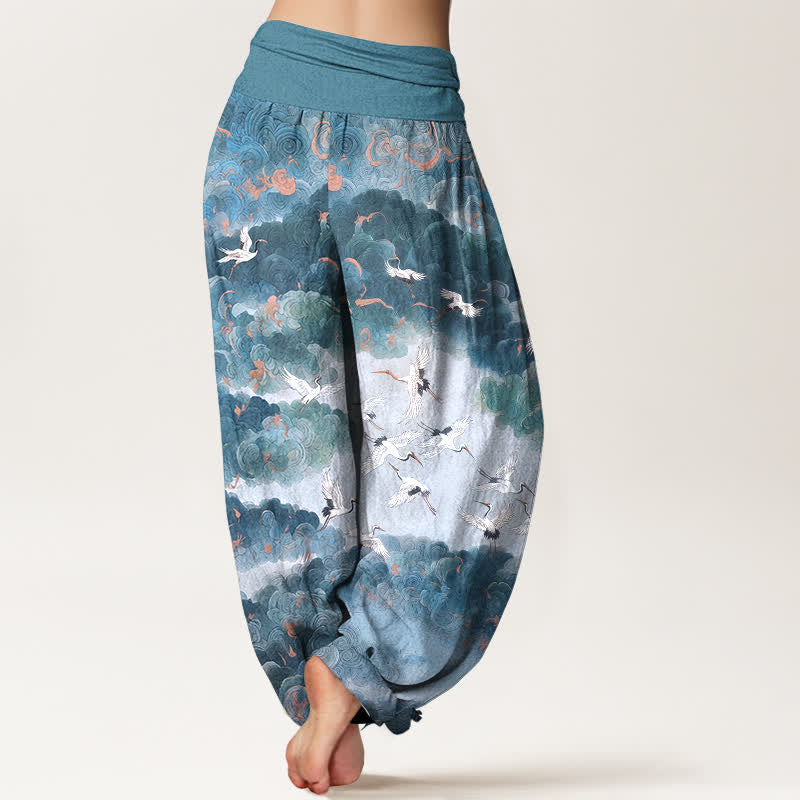 Buddha Stones Pantalones harem de mujer con cintura elástica y estampado de grullas y nubes de algodón. - image 10