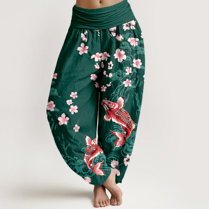 Buddha Stones Pantalones harem de algodón con estampado de carpas koi y flores de cerezo para mujer, con cintura elástica. - Verde oscuro - US16，UK/AU20，EU48 (3XL) - image 0