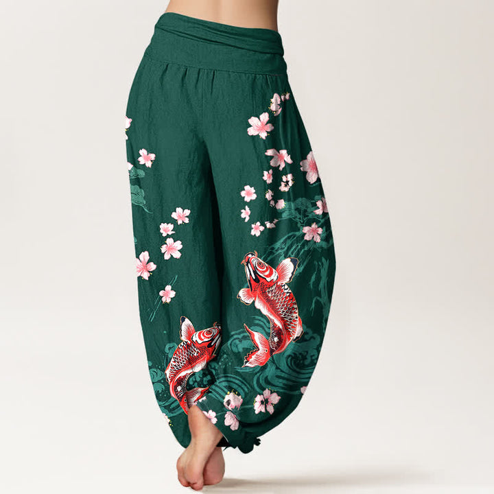 Buddha Stones Pantalones harem de algodón con estampado de carpas koi y flores de cerezo para mujer, con cintura elástica. - image 2