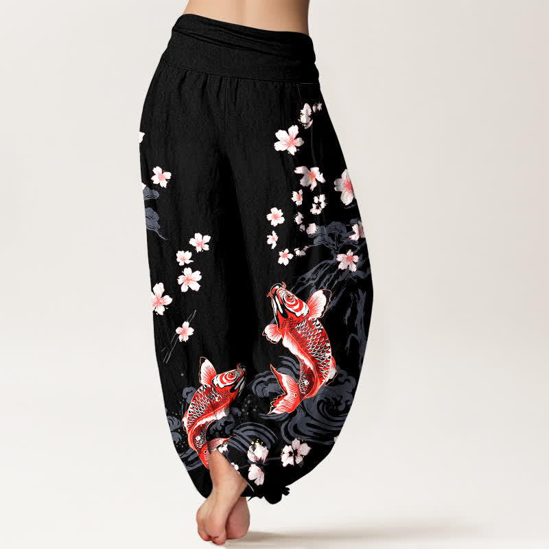 Buddha Stones Pantalones harem de algodón con estampado de carpas koi y flores de cerezo para mujer, con cintura elástica. - image 7